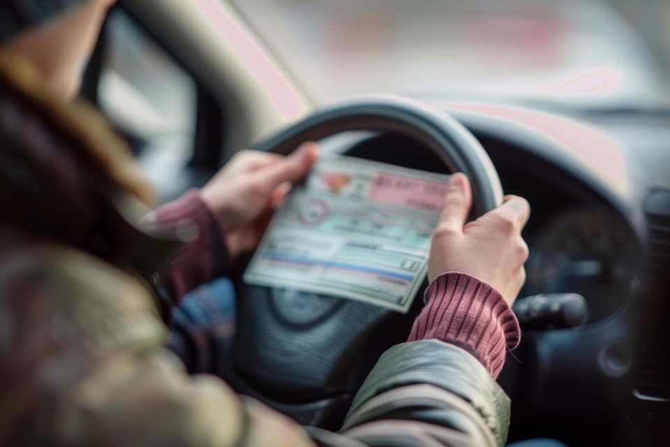 Persona sosteniendo licencia de conducir mientras maneja