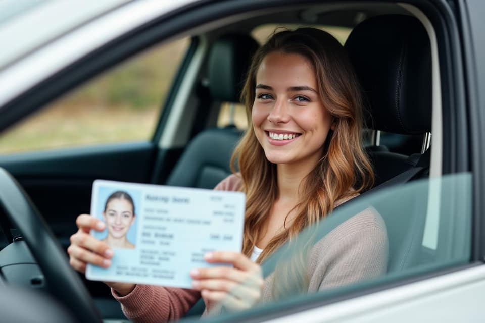 Mujer sonriendo mostrando licencia de conducir en auto