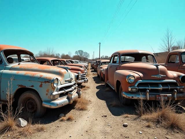 Fila de autos antiguos oxidados bajo cielo despejado