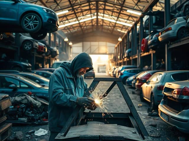 Soldador trabajando en deshuesadero de autos