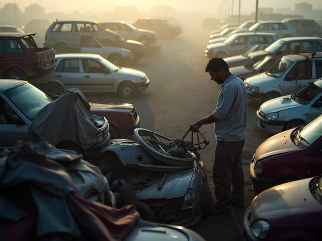 Hombre revisando auto en deshuesadero al amanecer
