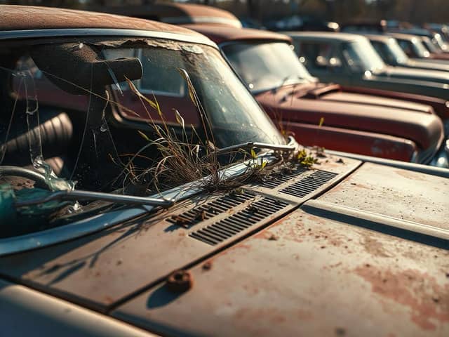 Autos antiguos y abandonados con maleza creciendo