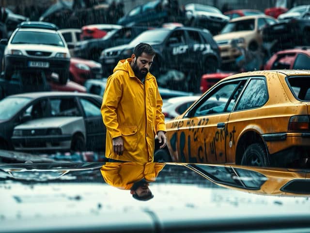 Hombre en impermeable amarillo camina por charco urbano